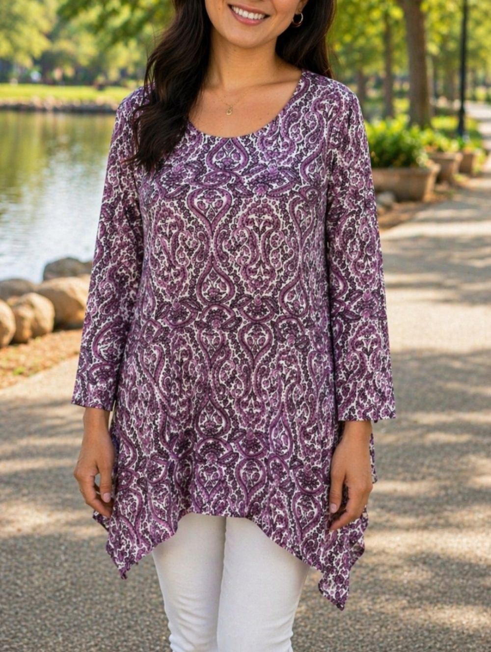 Style & Co Pink Paisley Boxy Tunic Top | Boho Flowy 3/4 Sleeve Blouse